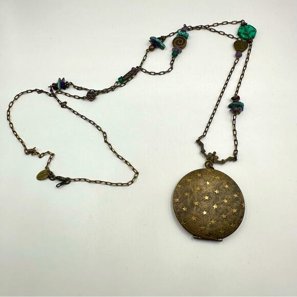 ORNAMENTAL THINGS Locket Long Necklace Star Stars Boho Antique Brass - Picture 1 of 13